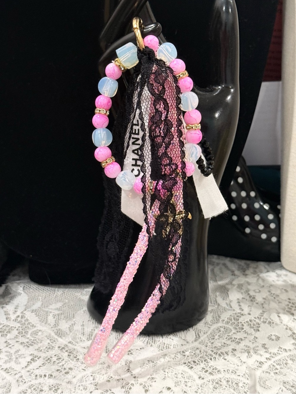 Lace & Pink Bead Tassel Charm